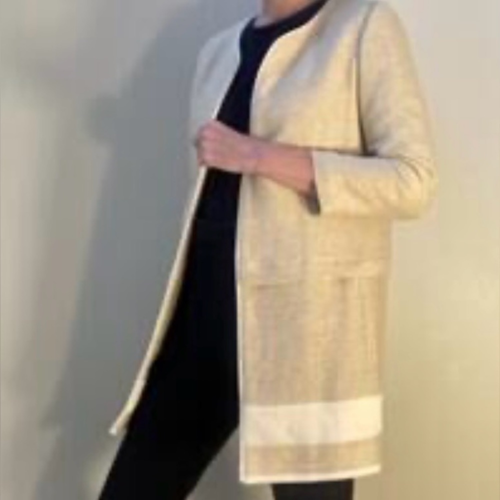 ZARA Basic Open Front Long Blazer Women Large Beige Cream Cotton Linen 3/4 Sleev